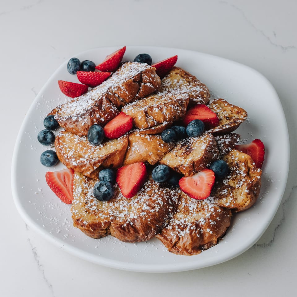Braxton's Kitchen French toast pieces, dusted with powdered sugar, fresh strawberries, and blueberries.